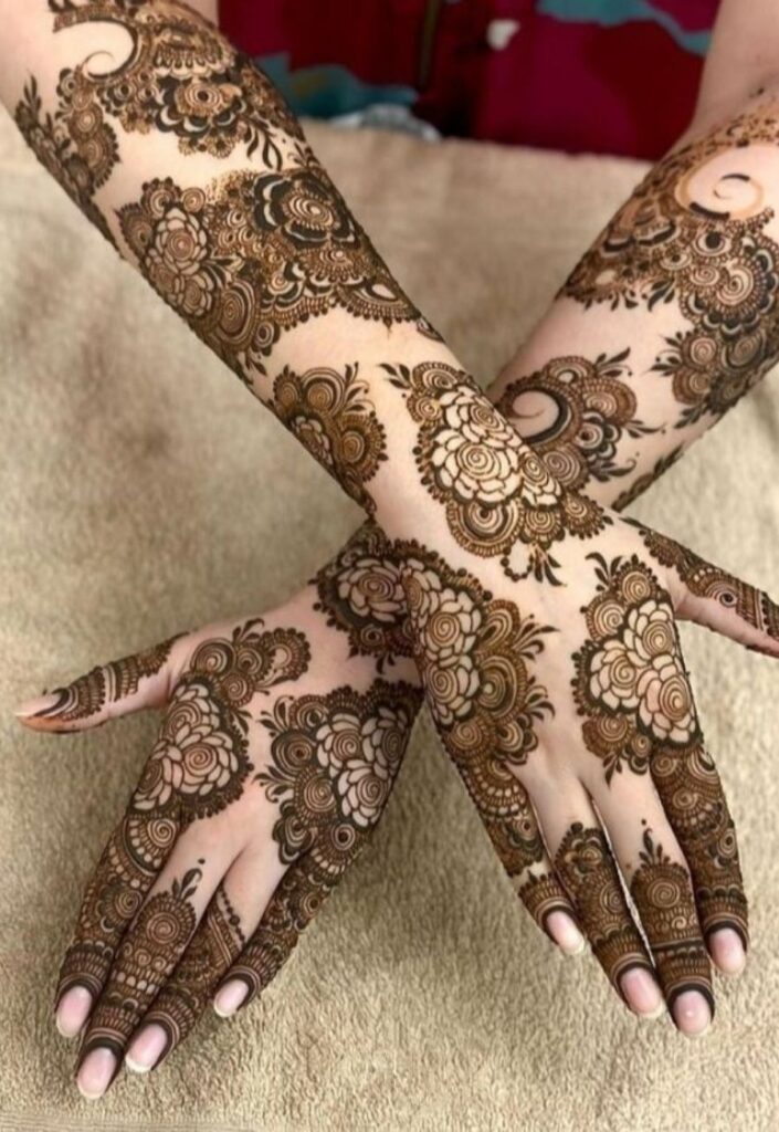Intricate bridal Dubai Mehendi Design covering full hand with rich floral detailing.