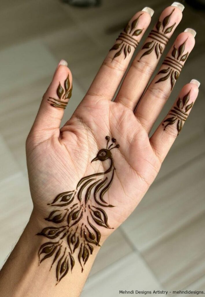 Intricate peacock Gulf Style Mehendi Design with detailed feather patterns.