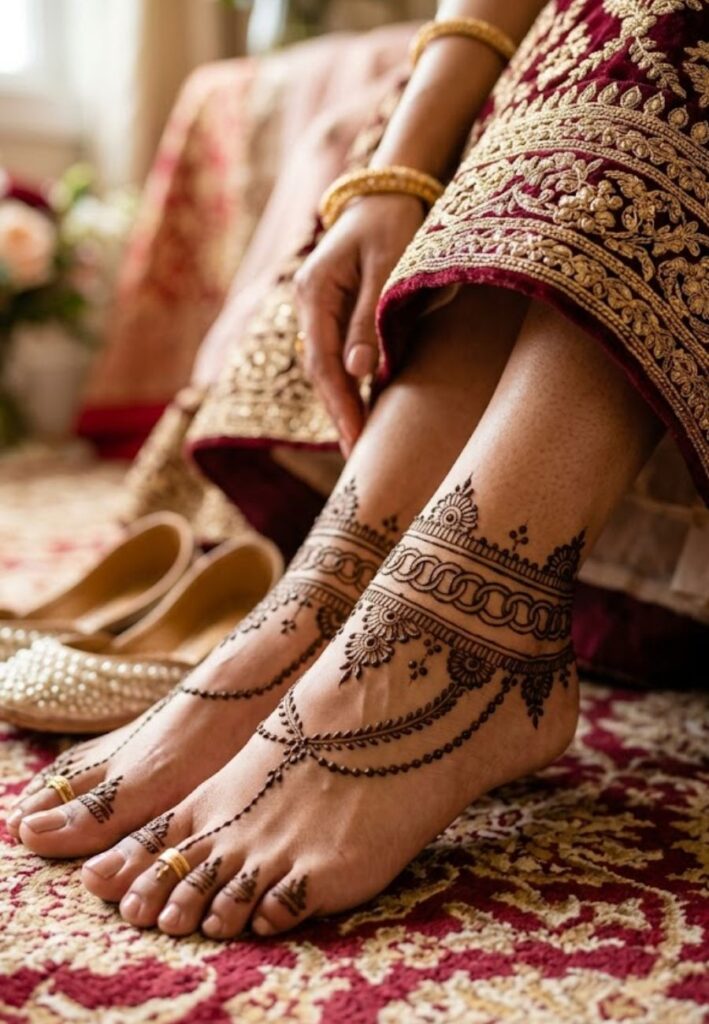 Jewelry style anklet mehndi design on bridal feet with chain-like patterns