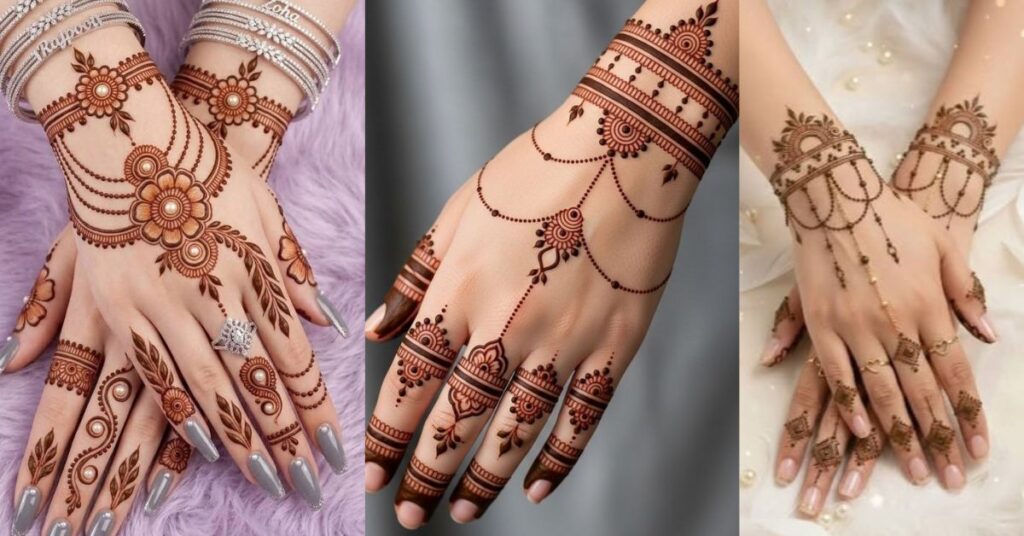 jewelry style back hand mehndi design with chain and ring pattern