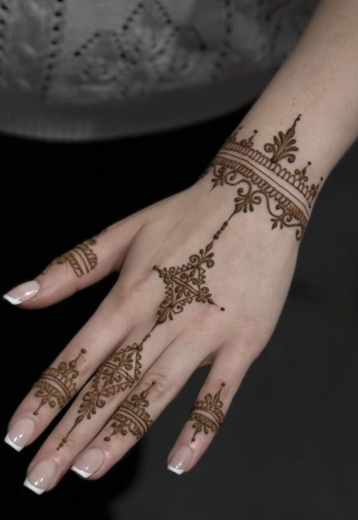 Elegant jewelry-style bracelet mehndi design on wrist with intricate henna patterns forming a bangle-like look.