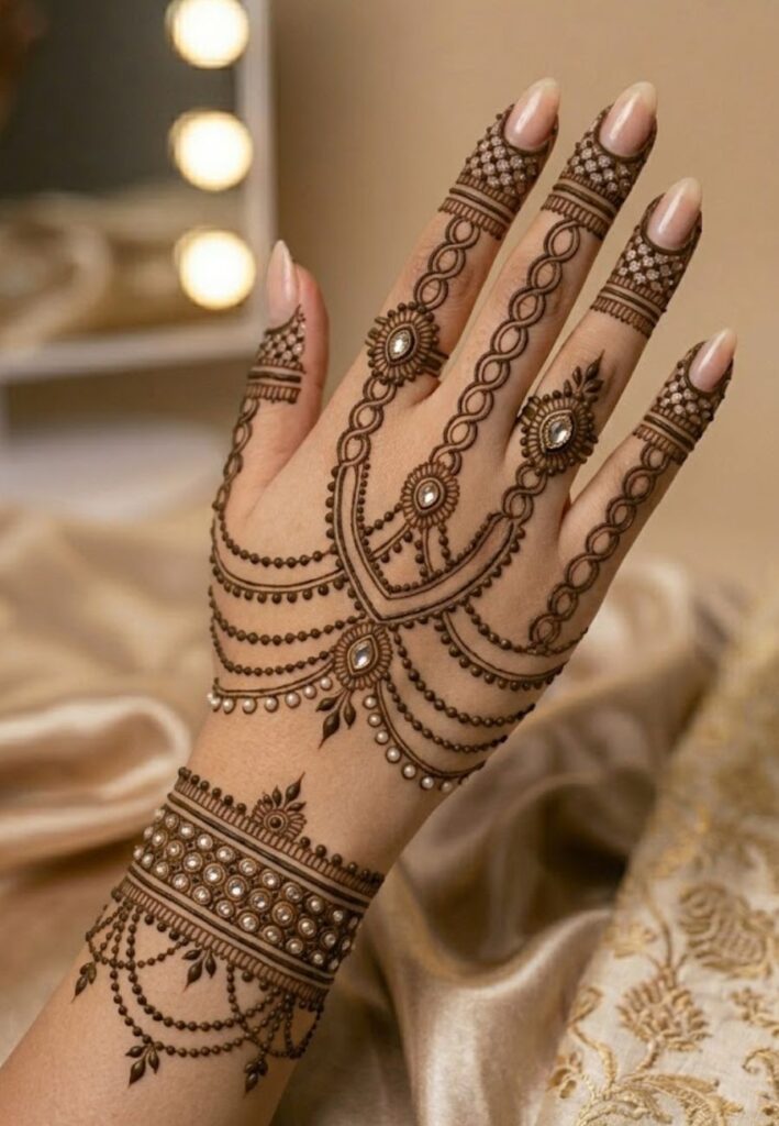 Jewelry-inspired mehndi design with bracelet style patterns