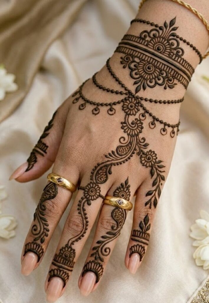Jewelry-style Arabic mehndi design for bridesmaids