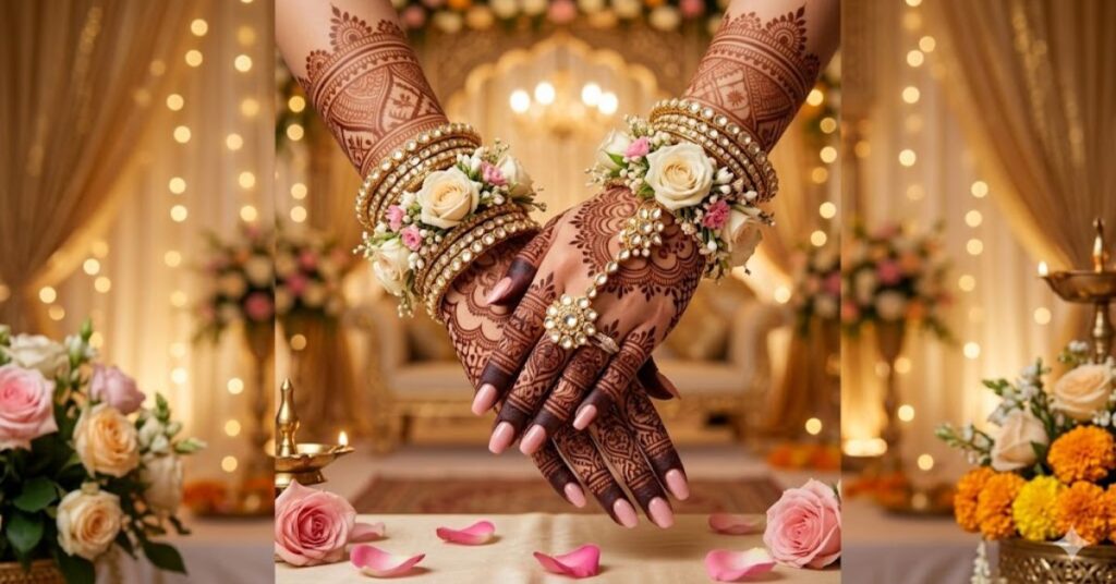 Bridal mehndi look with floral and kundan jewelry styling