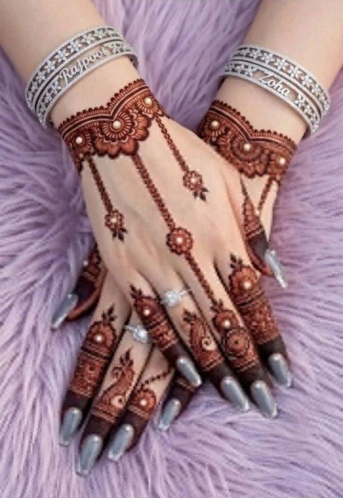 Jewelry inspired Bakra Eid mehndi design 2026 with bracelet and ring style patterns on elegant female hand.