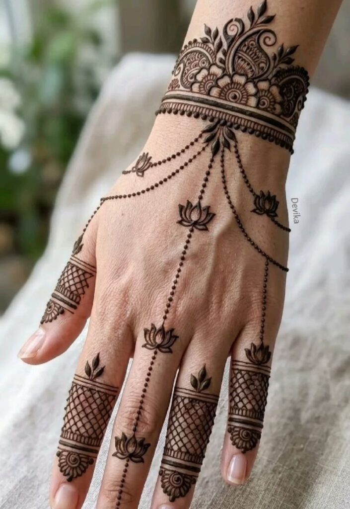 Jewelry style lotus mehndi design 2026 resembling hand bracelet and ring patterns with elegant floral henna art