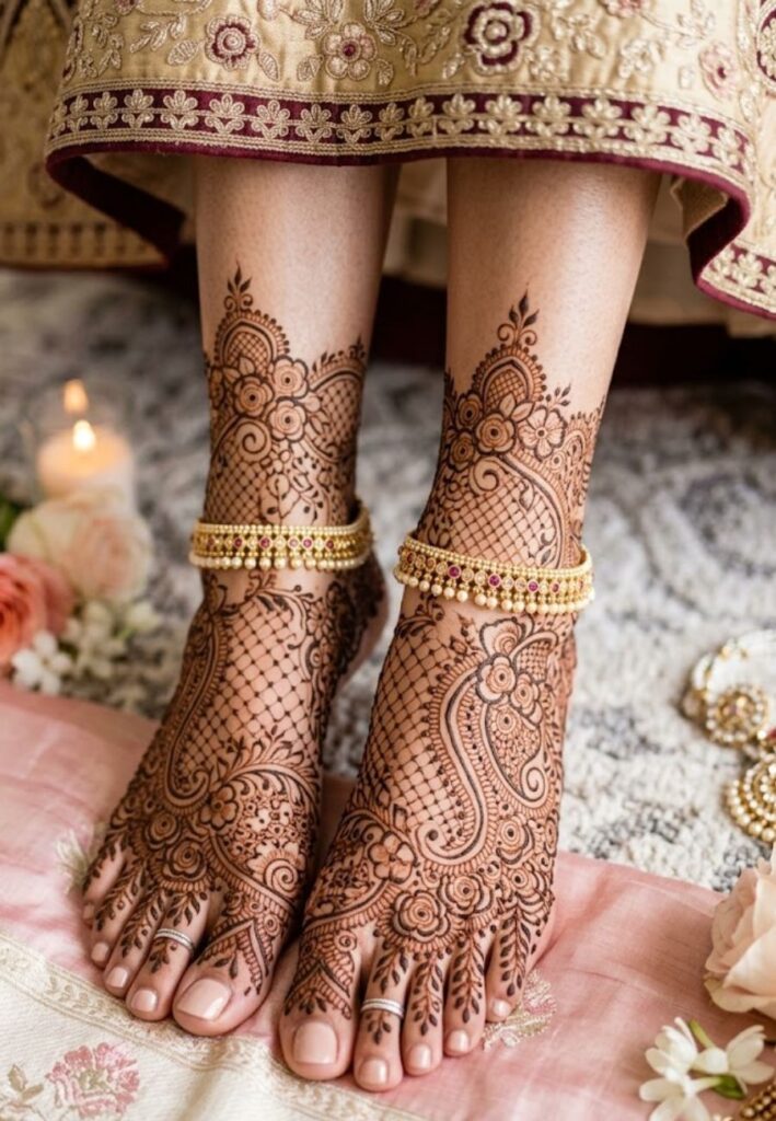 Lace inspired bridal foot mehndi with delicate intricate patterns