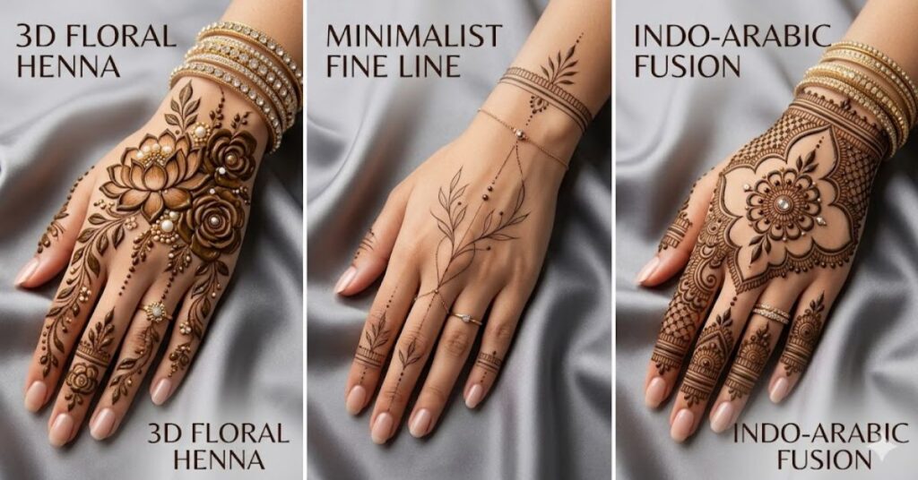 Eid Mehndi 2026 trends including 3D, minimalist and fusion Indo-Arabic styles