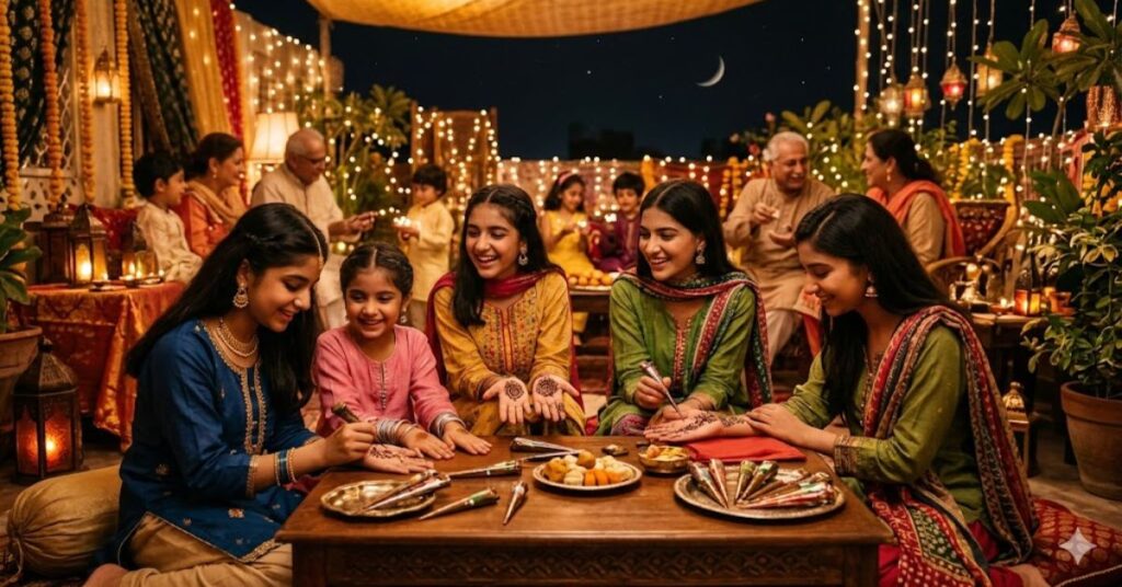 Chaand Raat celebration applying Eid mehndi with family and friends