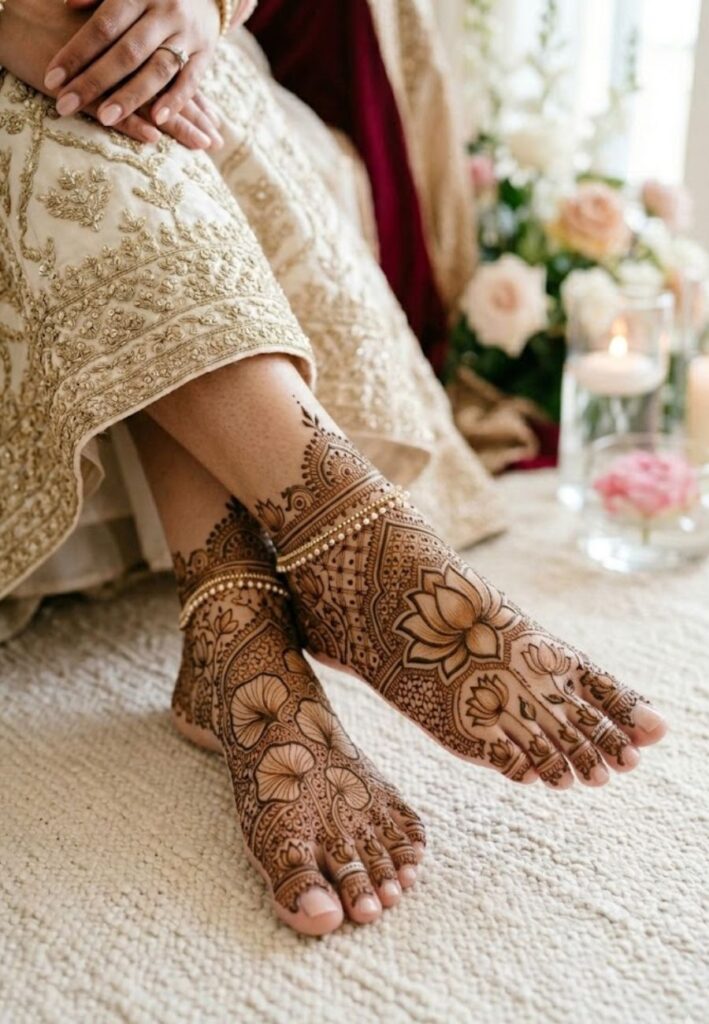 Lotus inspired bridal mehndi design on feet with floral sacred patterns