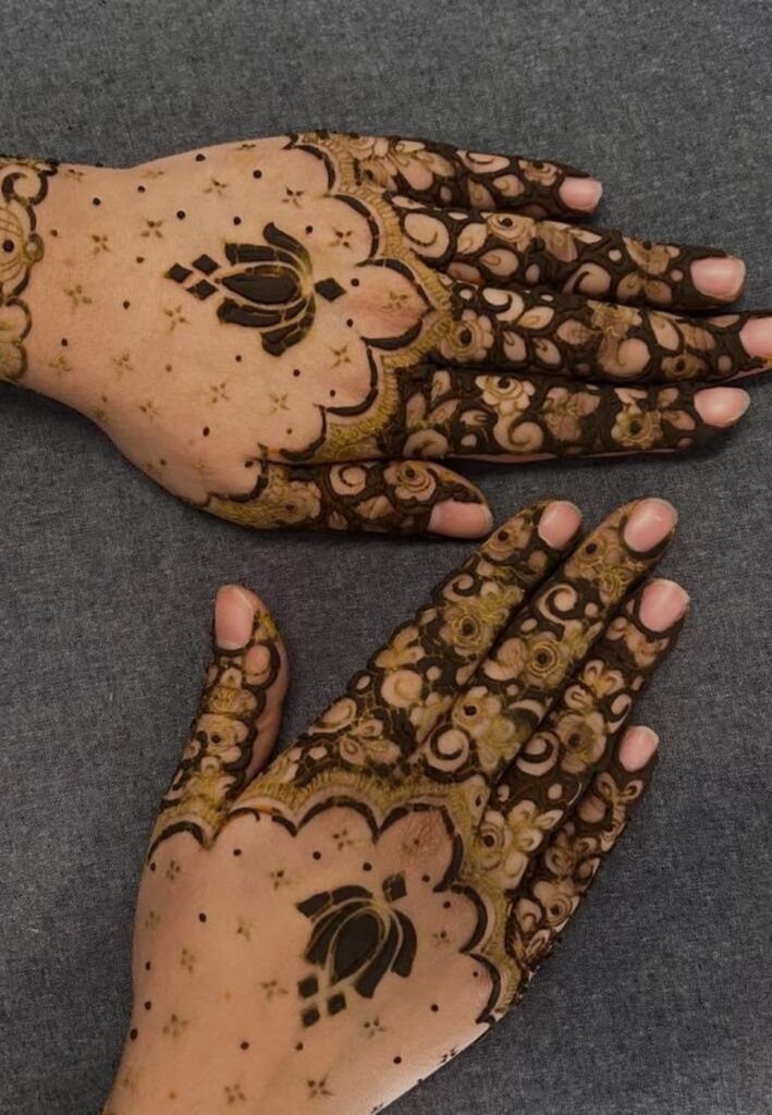Alt Text: Lotus floral motif bridal mehndi inspired by elegant wedding henna trends 2026