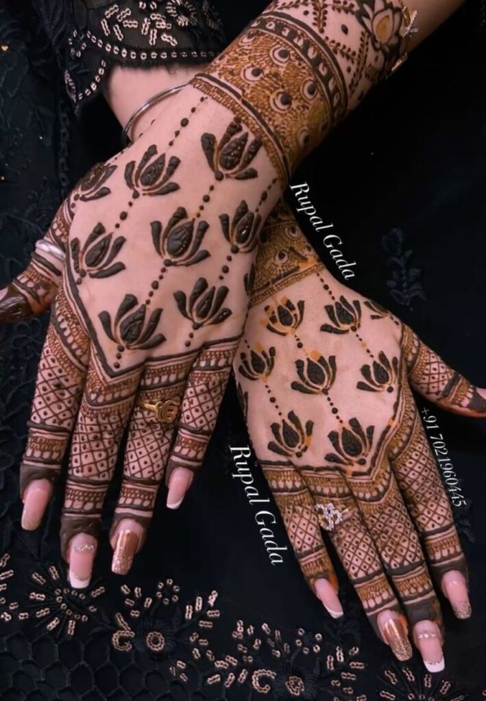 Alt Text: Lotus floral motif bridal mehndi inspired by elegant wedding henna trends 2026