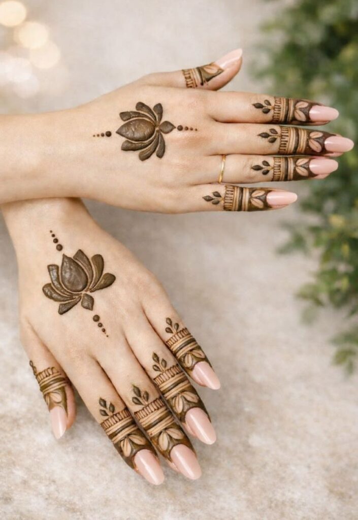 Lotus inspired floral mehndi design on back hand symbolizing purity and elegance in 2026 henna trends