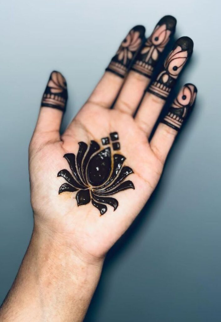 Lotus mandala mehndi design 2026 with circular floral kamal pattern in center palm for traditional and elegant look