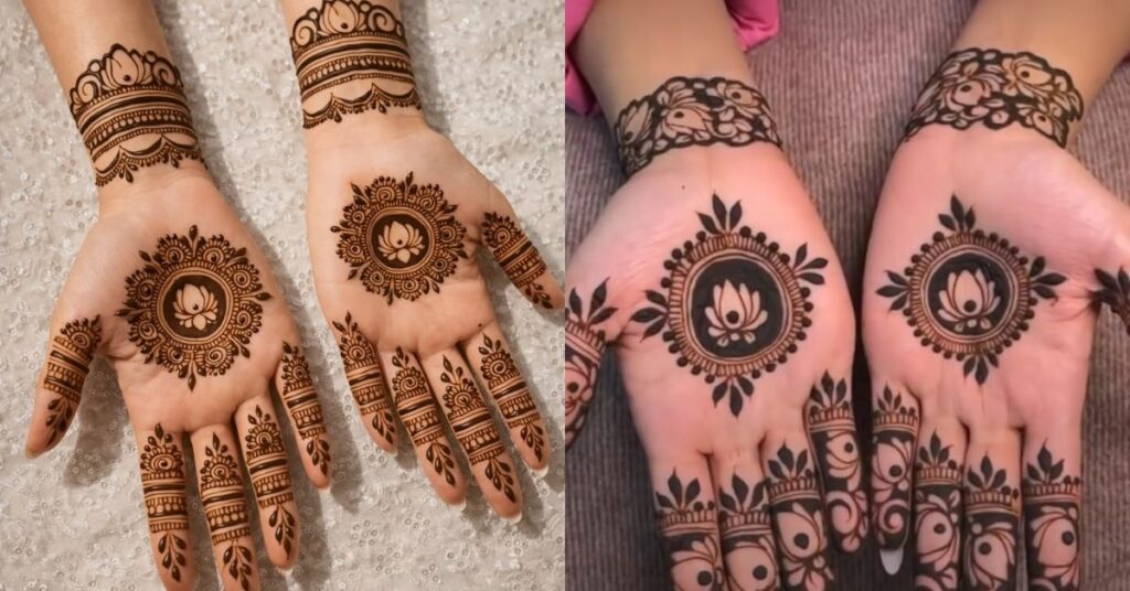“Mandala two palm mehndi designs with matching circular patterns”