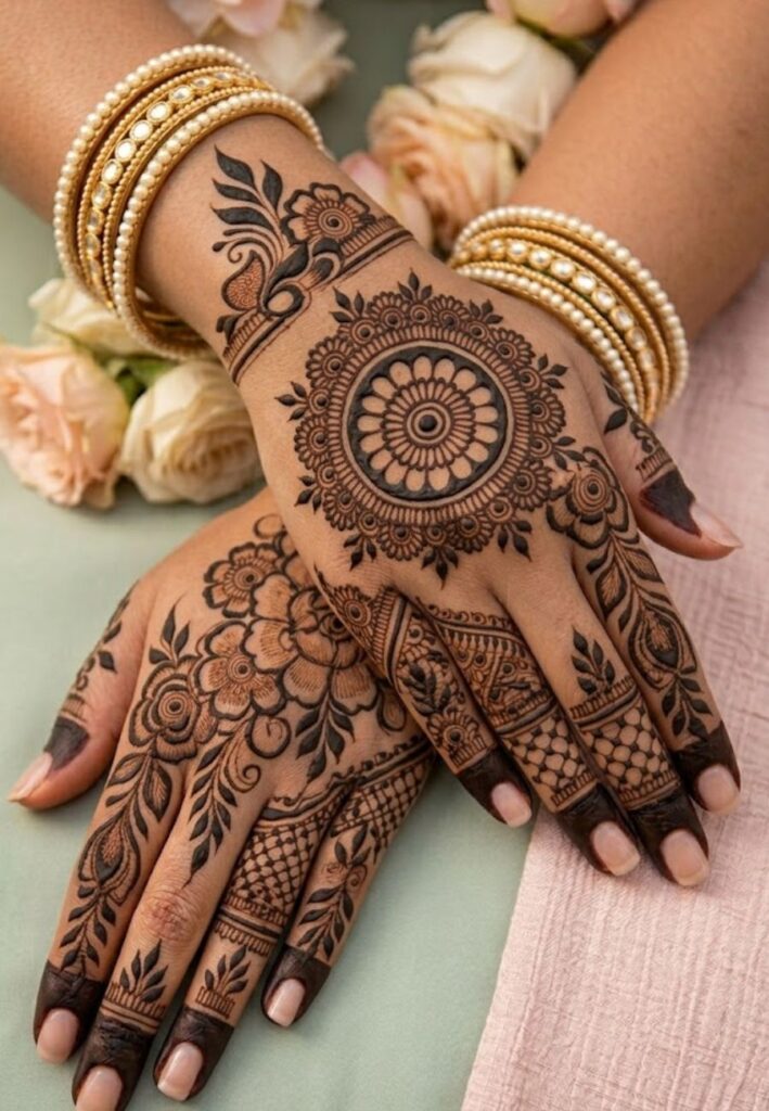 Mandala center mehndi design with symmetrical floral details