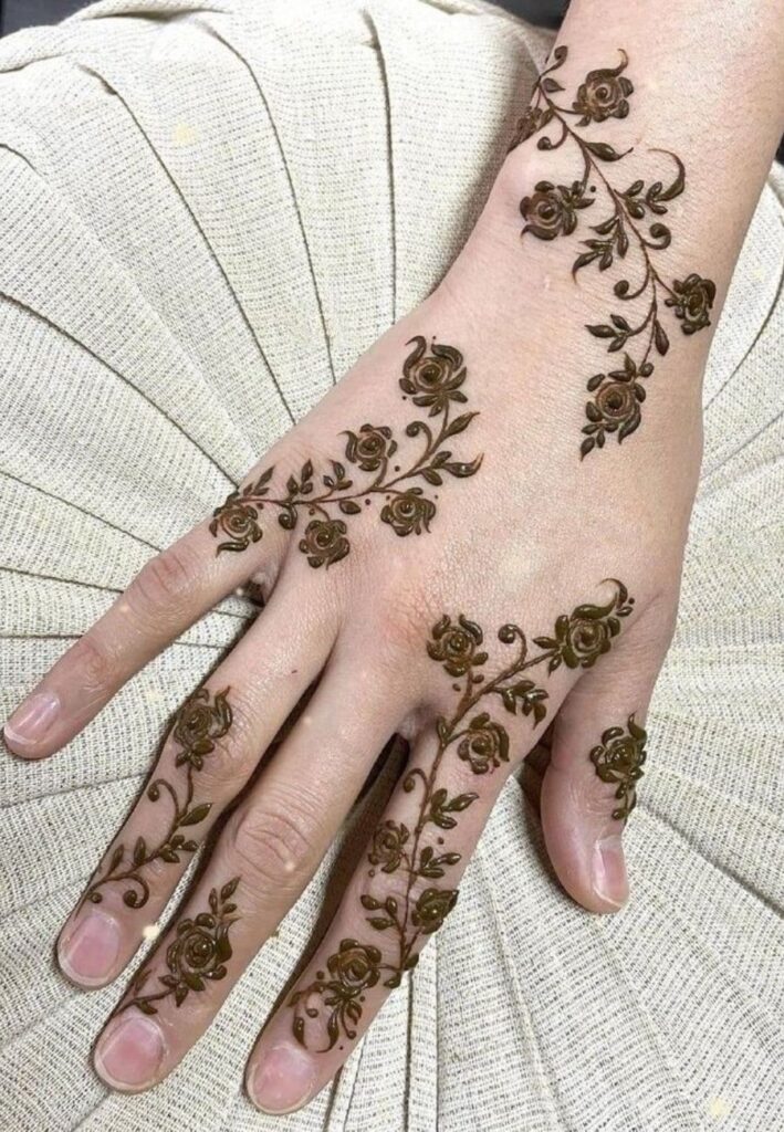 Minimal Arabic leaf bridal mehndi with clean spacing and elegant modern henna artwork