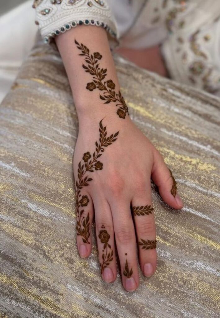 Minimal Arabic leaf bridal mehndi with clean spacing and elegant modern henna artwork