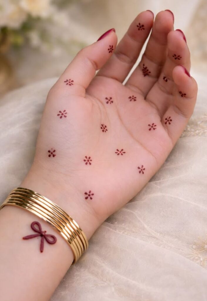 Minimal dot floral mehndi design featuring tiny dotted flower patterns arranged in simple symmetrical shapes, clean negative space, subtle and elegant henna style on female hand in modern 2026 aesthetic.