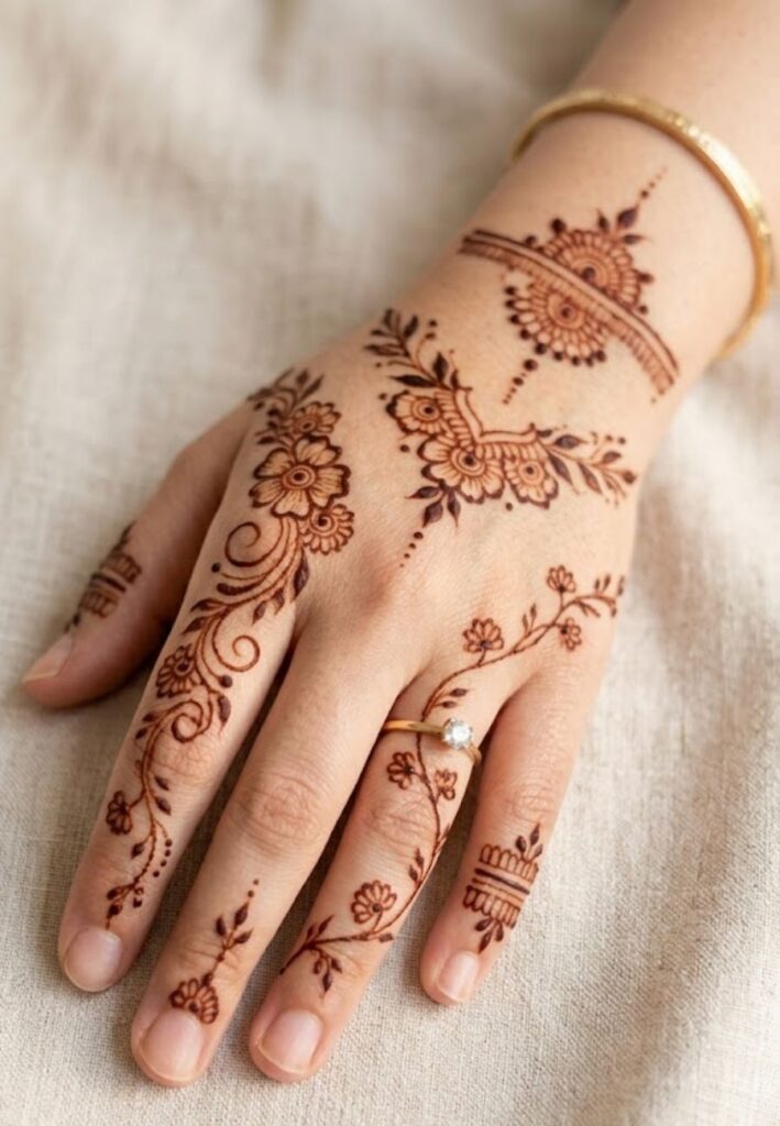 Minimal floral finger trails mehndi design for beginners with simple vine patterns on fingers