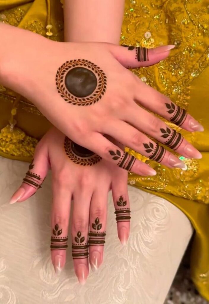 Elegant minimal mandala Bakra Eid mehndi design 2026 on back hand with clean circular pattern and finger detailing.