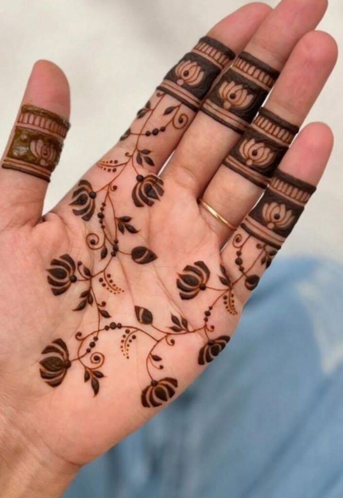 Minimal wrist lotus mehndi design 2026 with small kamal flower and fine line detailing for simple elegant style