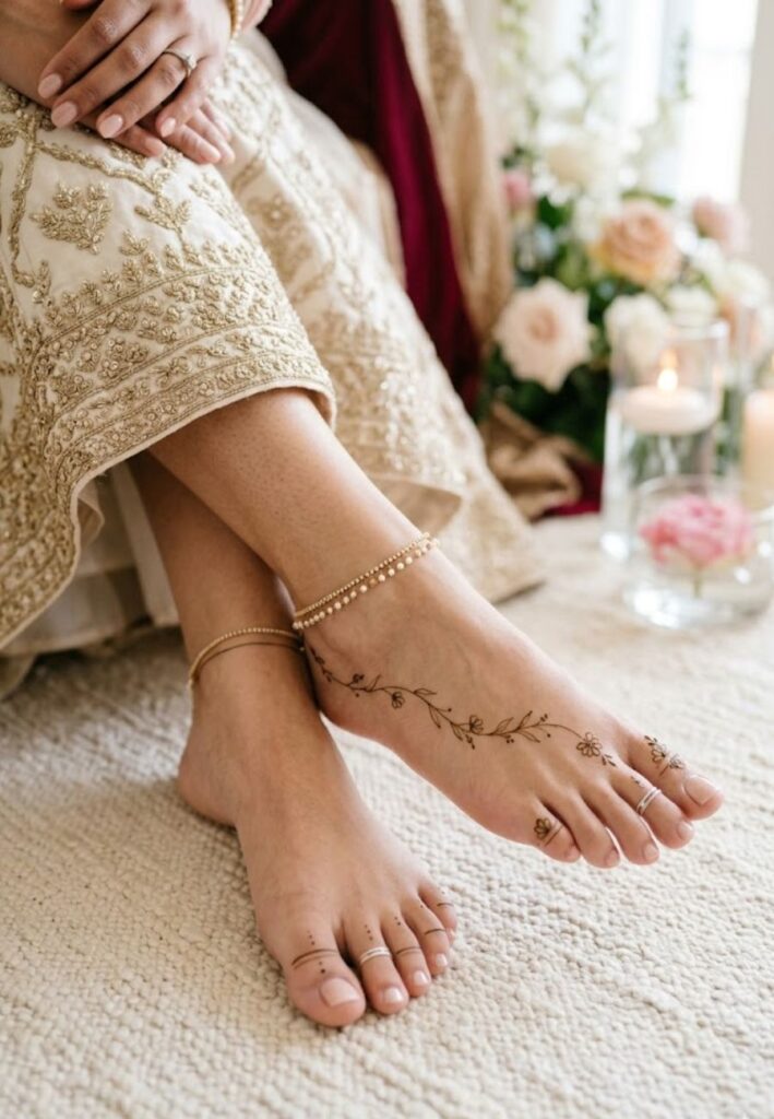 Minimalist elegant foot mehndi design with delicate simple patterns