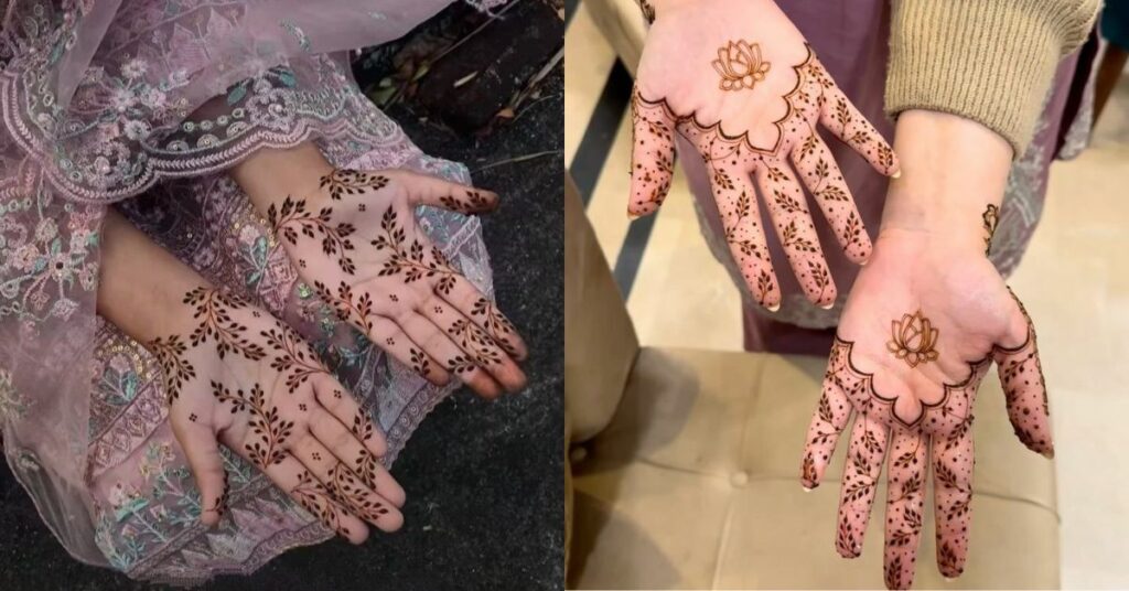 “Minimalist henna design for both palms with elegant spacing”
