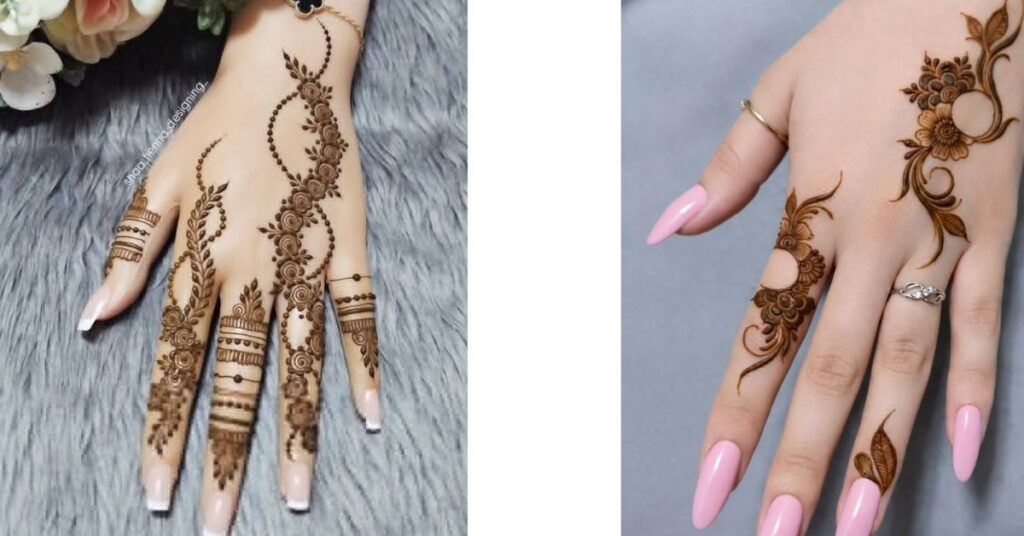 "Elegant minimalist mehndi design with a delicate leafy vine and thin geometric finger bands on a soft neutral background."