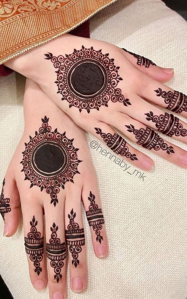 Minimalist mandala bridal mehndi design with clean circular patterns, elegant symmetry, and simple Simple Bridal Mehndi Designs 2026 style for modern brides
