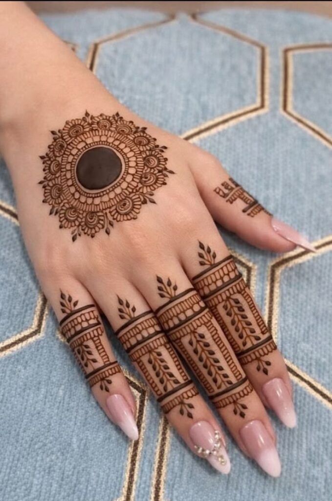 Minimalist mandala bridal mehndi design with clean circular patterns, elegant symmetry, and simple Simple Bridal Mehndi Designs 2026 style for modern brides
