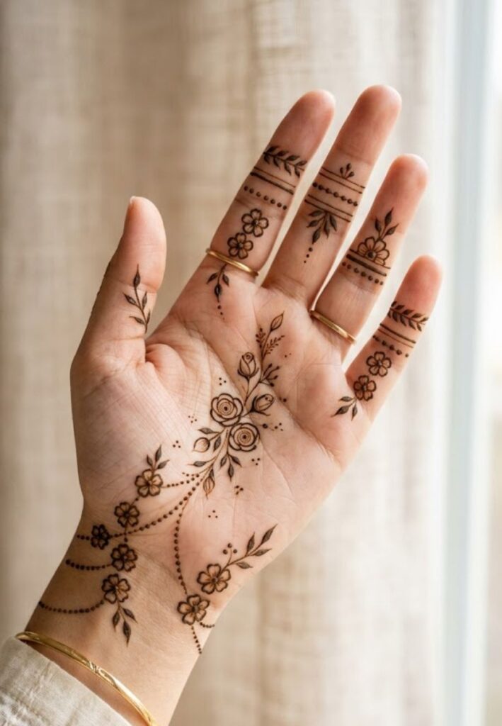 Minimalist easy mehendi design simple front hand with tiny floral patterns