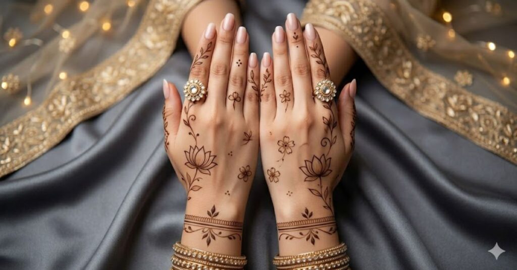 Minimalist bridal mehndi look 2026 with elegant negative space design