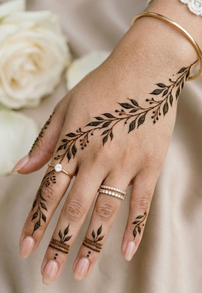 Minimalist vine Arabic mehndi design for bridesmaid hands