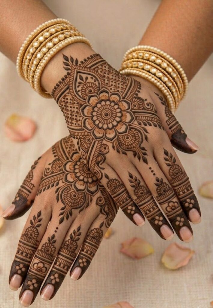 Mirror symmetry mehndi design with balanced bridal patterns