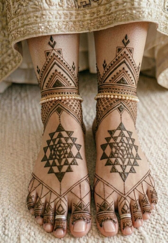 Modern geometric foot mehndi design with clean symmetrical patterns