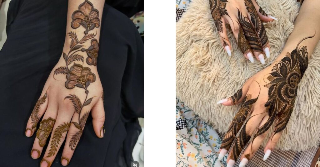 Modern Arabic latest mehndi design 2026 floral vine style on back hand