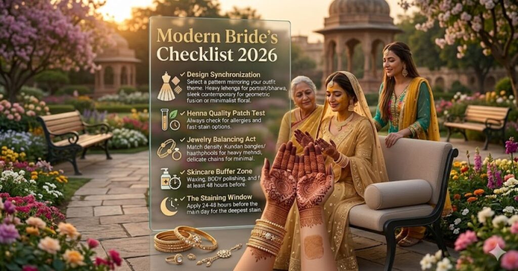 Modern Bride’s Checklist 2026 for bridal mehndi preparation including design selection, skincare, jewelry coordination, and styling essentials.