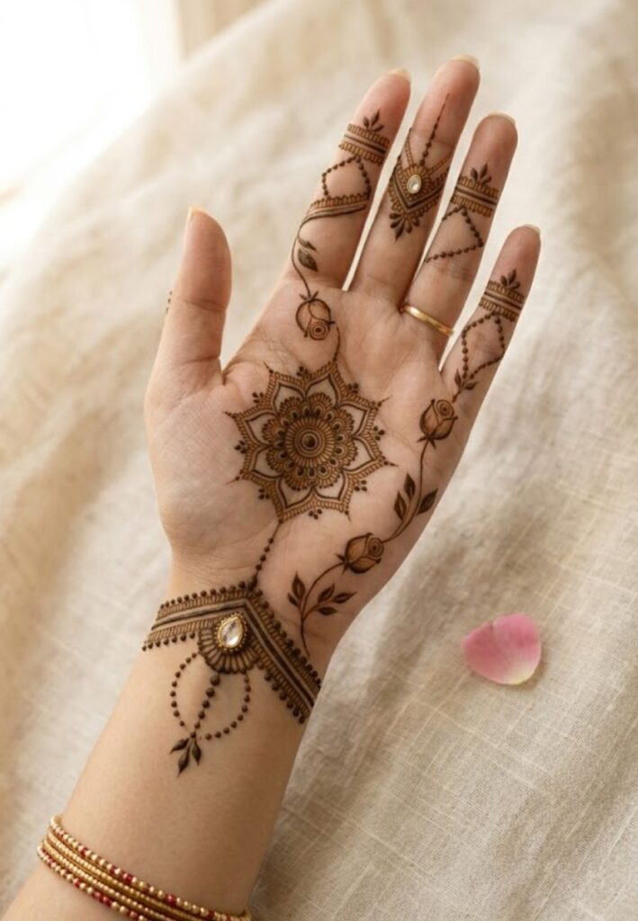 Modern front hand mehndi design trends with minimalist and jewelry-inspired henna patterns