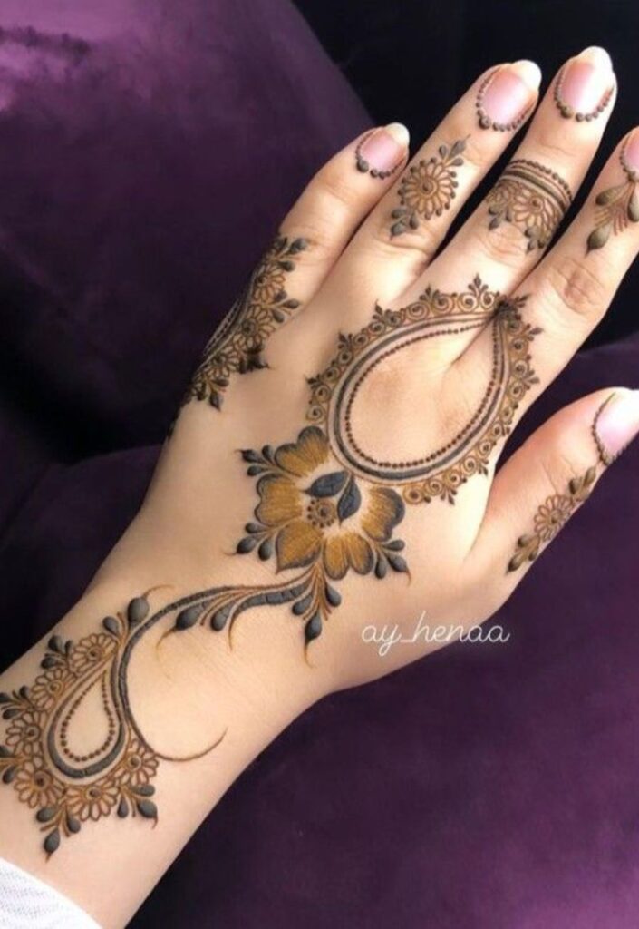 Gulf Style Mehendi for back hand with modern geometric floral patterns.