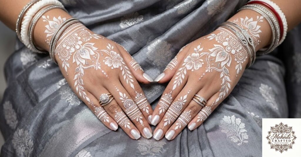 Modern white henna and glitter mehndi trend in Bangladesh 2026