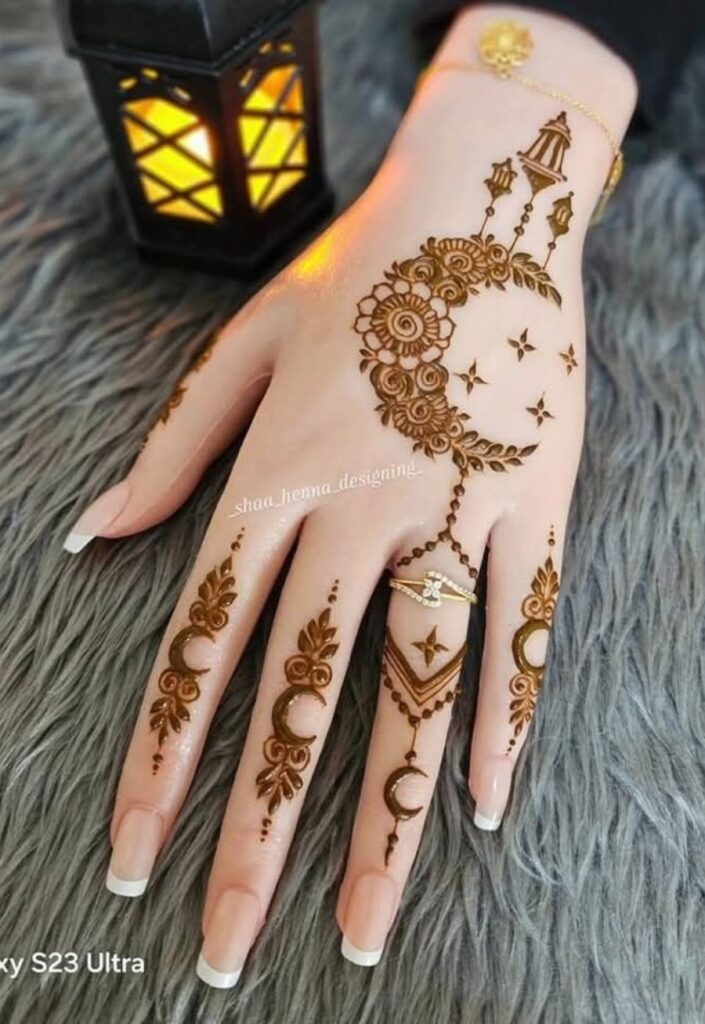 Crescent moon and star Eid mehndi design 2026 with floral accents for festive Eid ul Adha celebration look.