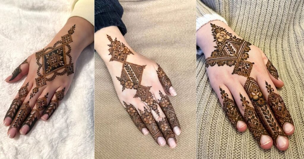 moroccan geometric back hand mehndi design bold pattern