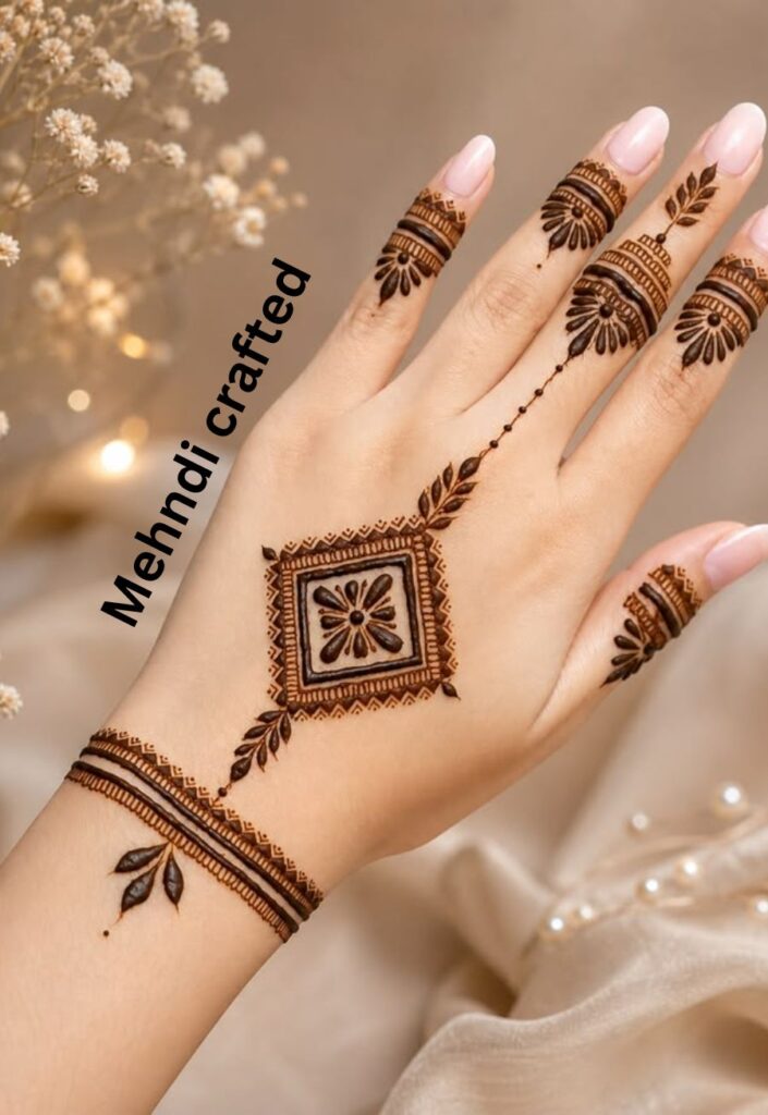 Moroccan fusion Eid mehndi design with geometric grid artwork