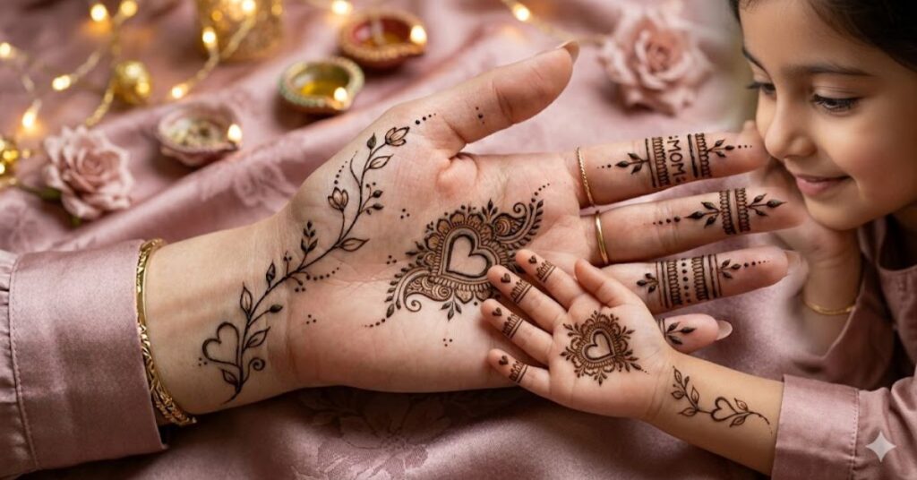 “Beautiful Mother-Daughter mehndi designs for 2026 featuring matching floral and traditional henna patterns on hands, symbolizing love and bonding.”