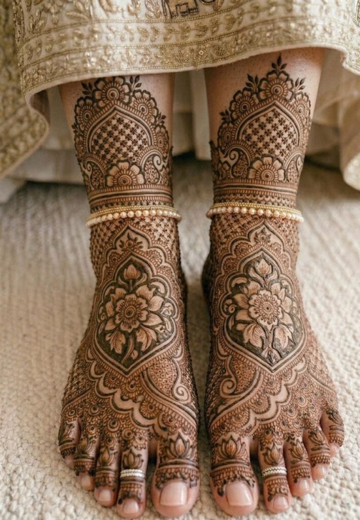 Mughal inspired bridal foot mehndi with royal floral patterns