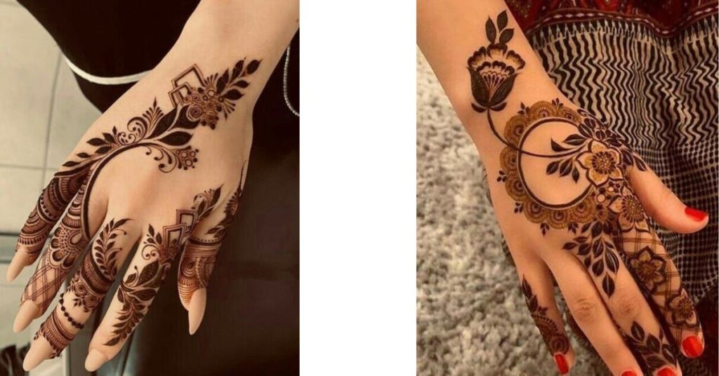 "Modern negative space mehndi: Bold henna outlines with skin-revealing floral patterns and geometric finger details."