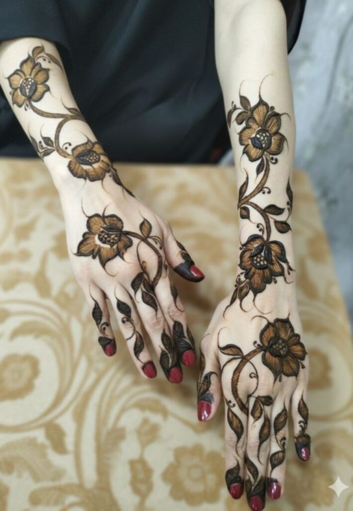 Negative space Dubai Mehendi Design with modern floral artistry.