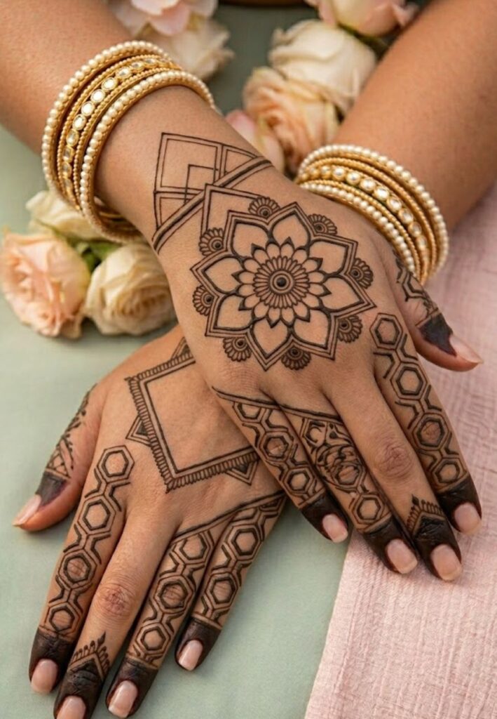 Negative space mehndi design with modern Arabic styling