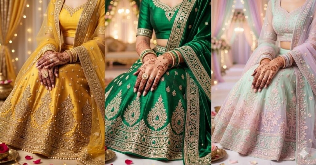 Bridal outfit pairing with mehndi designs in yellow green and pastel colors